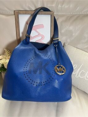 Vintage Michael Kors Fulton Blue Pebbled Leather Perforated Logo Hobo Bag